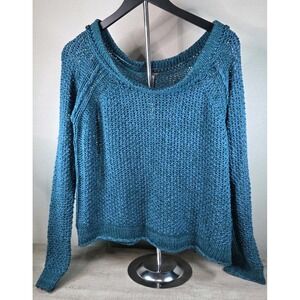 Free People Chunky Open Knit Sweater Teal Blue Boat Neck‎ Cotton Blend Small